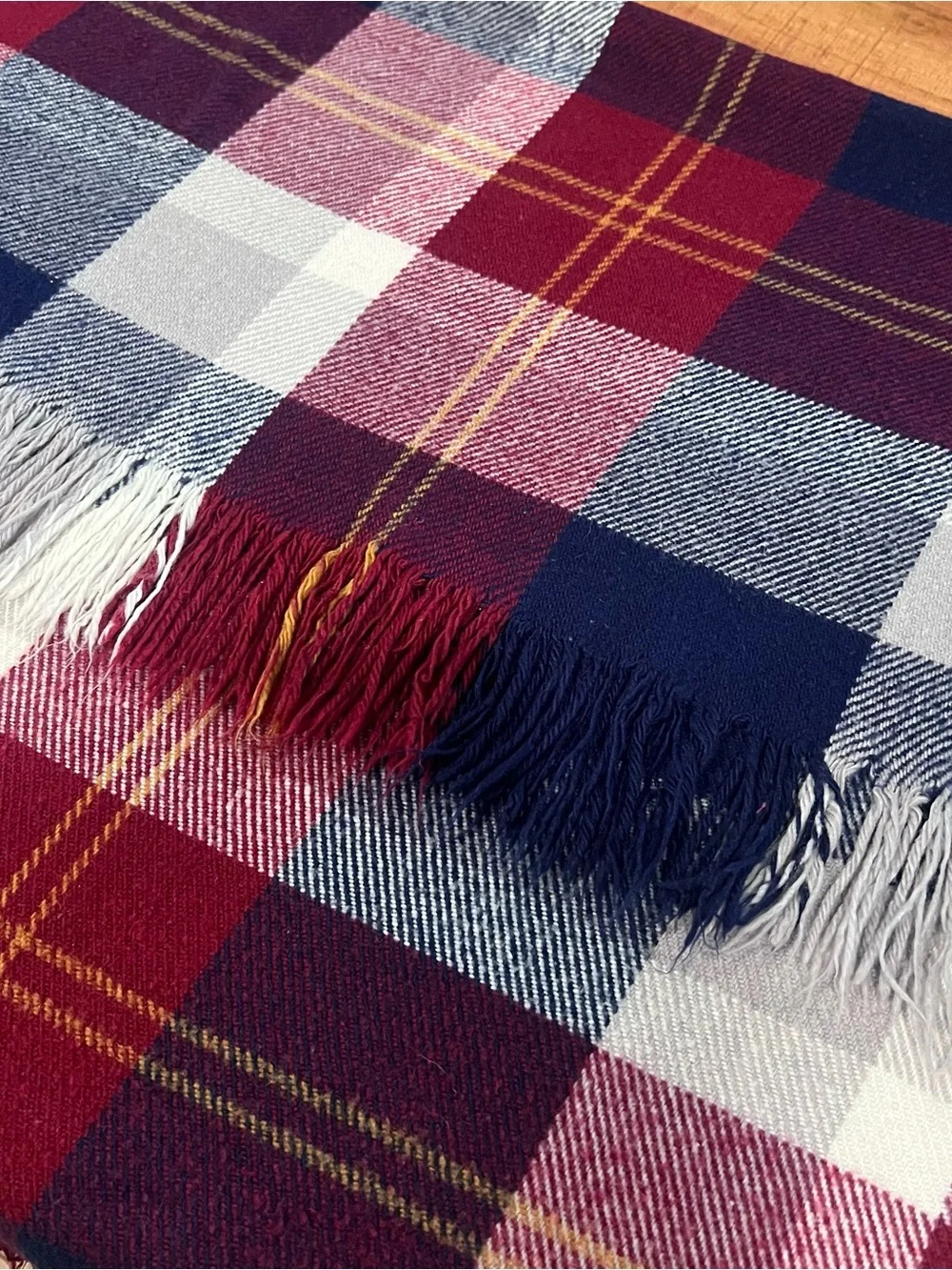 Plaid Fringe Throw Blanket - Red, Navy & Cream